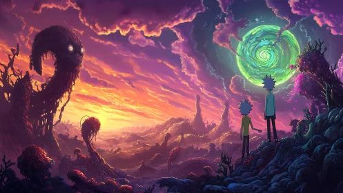 Two travelers gaze toward a glowing portal in alien skies