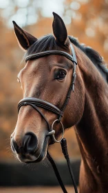 Bay horse portrait captures calm expression in autumn light