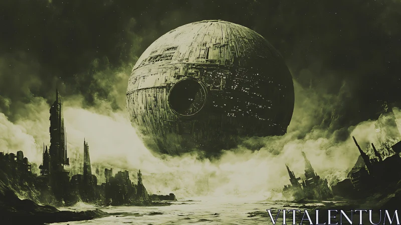 Colossal battle station looms over ruined alien cityscape.