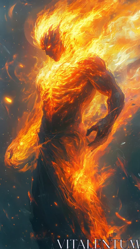 Solar inferno titan strides through storming embers.