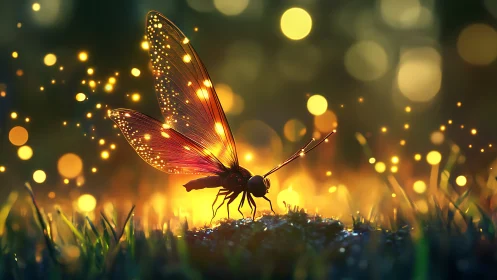Glowing fantasy dragonfly stands over moss in golden dusk light