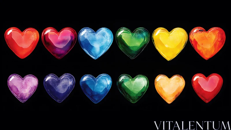 Vibrant glass hearts align in two luminous chromatic rows