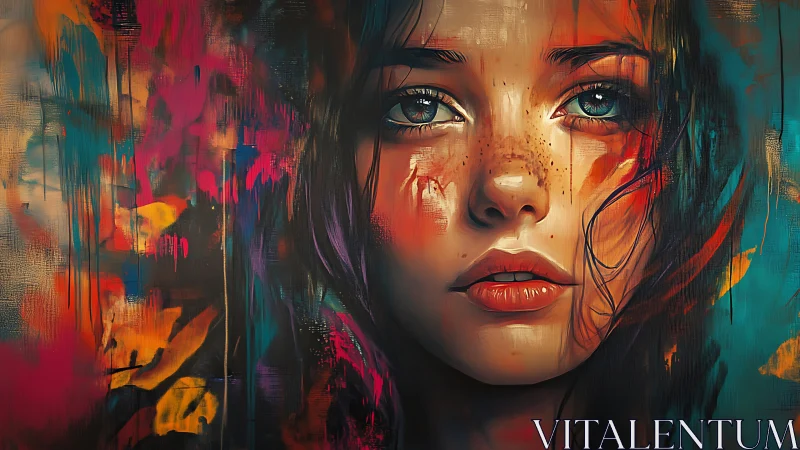 Hyperreal portrait of freckled woman in abstract chromatic haze