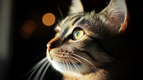 Tabby Cat Portrait with Golden Eyes in Dramatic Light.