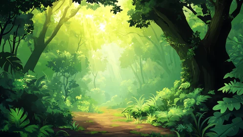 Verdant Sanctuary: Sunlit Forest Cathedral with Radiant Clearing.