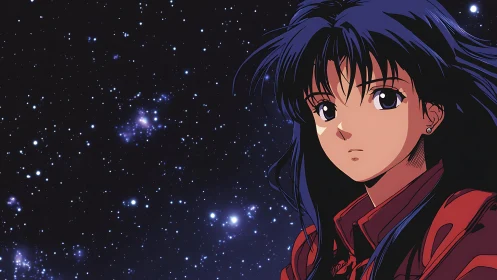 Stargazing anime heroine framed by deep cosmic backdrop.