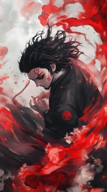 Dark haired warrior stands amid swirling red energy waves