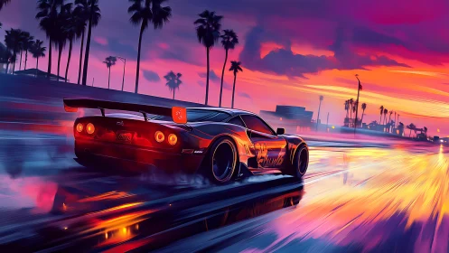 Neon sports car racing along wet coastal highway at dusk.