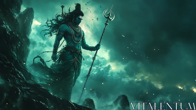 Storm-lit mythic warrior rendered in high-contrast teal atmosphere