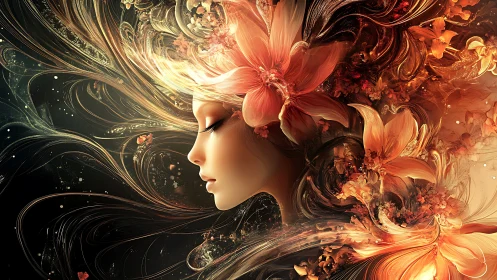 Floral female profile immersed in luminous swirling petals.