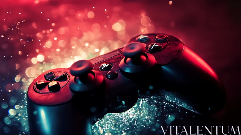 Gaming controllers glow in neon red light.
