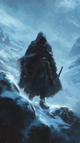 Hooded swordbearer on frozen cliff in nocturnal blizzard