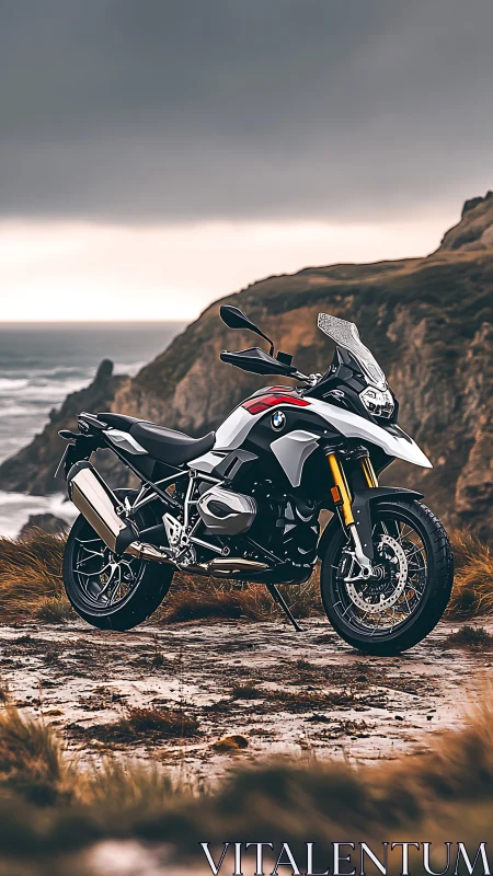 Coastal adventure motorcycle waiting beside rugged cliffs.