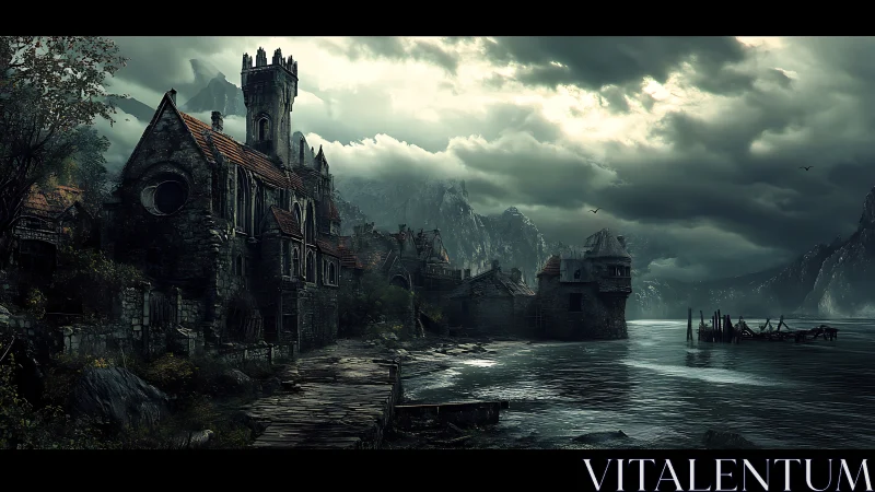 Stormlit ruined lakeside village under looming mountains.