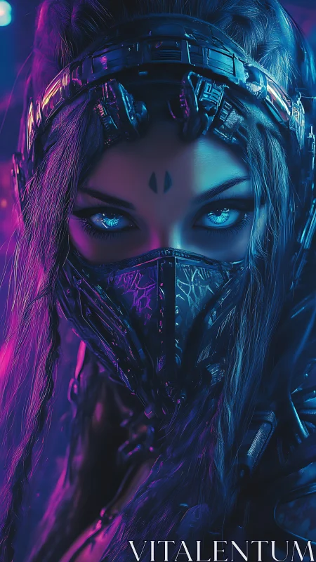 Fierce cyberpunk guardian with glowing eyes and neon light.