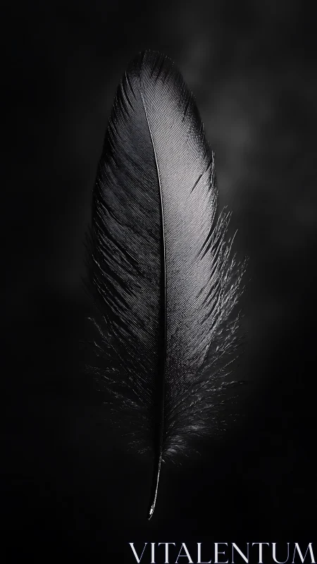 Single dark feather floats in dramatic low key light.