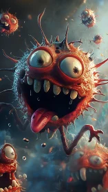 Grotesque spherical organisms float in a stylized 3D scene