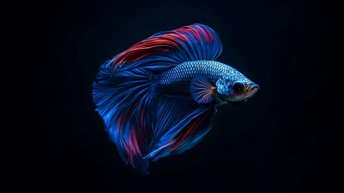 Electric blue betta fish glides through dark, moody water