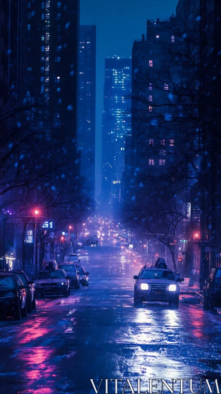 Nocturnal snowstorm avenue with neon spectral reflections.