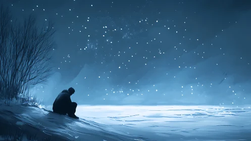 Solitary figure on snowy shore under cold starry sky.
