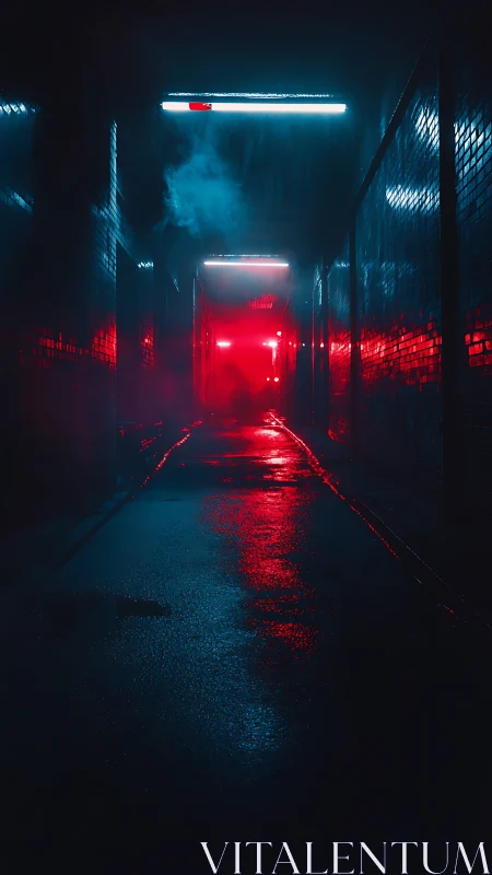 Wet alley corridor rendered in high contrast cyan and red lighting