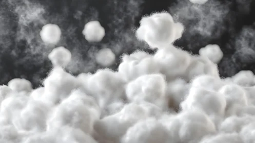 Fluffy White Clouds in Surreal Digital Art Style with Dark Backdrop.