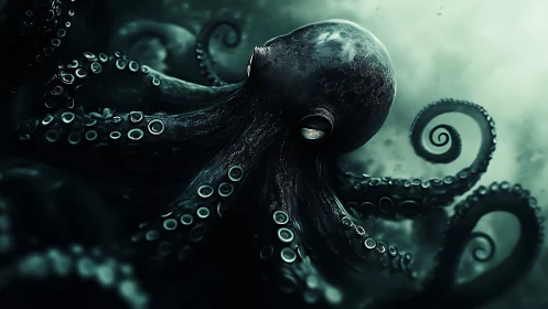 Giant dark octopus with curling tentacles underwater.