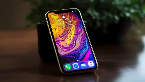 Gold iPhone XS Max displaying vibrant abstract wallpaper.