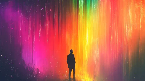 Silhouette before cascading neon aurora lightfall portal.