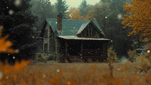 Rustic stone cabin amid autumn forest snowfall at dusk.