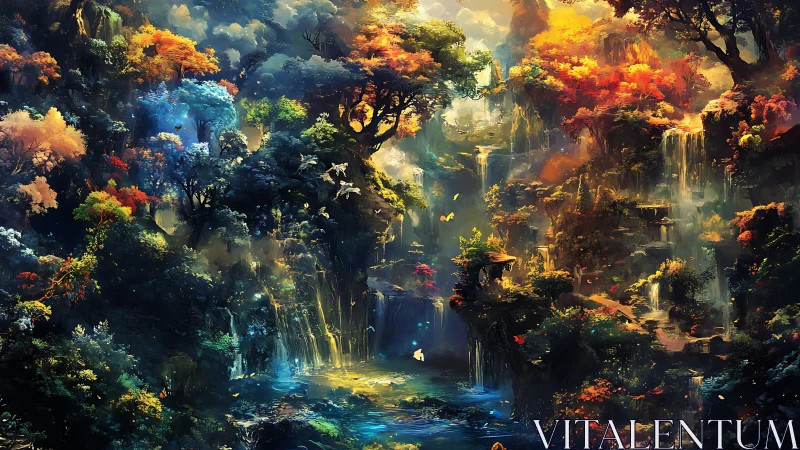 Enchanted Forest Valley with Waterfalls and Golden Light.