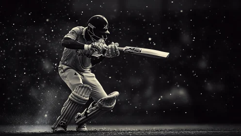 Cricket batsman holds defensive stance under drifting particles