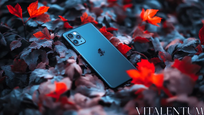 Smartphone lies on colorful foliage with reflective glass back