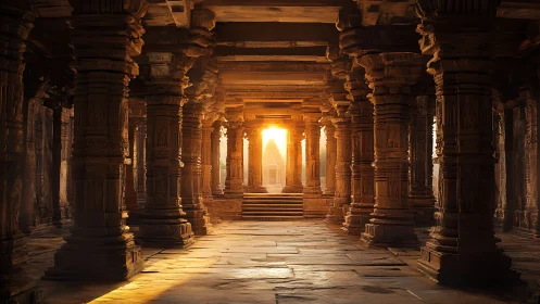 Stone pillared temple corridor with central sunlit entrance.