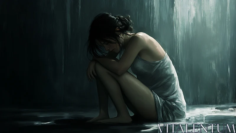 Woman sitting alone on wet floor in dim, moody light.
