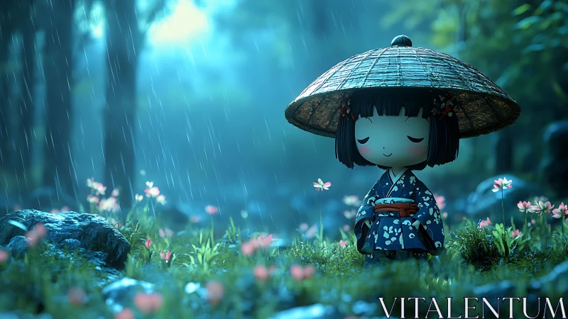 Serene chibi girl in rain-soaked forest clearing at dusk.