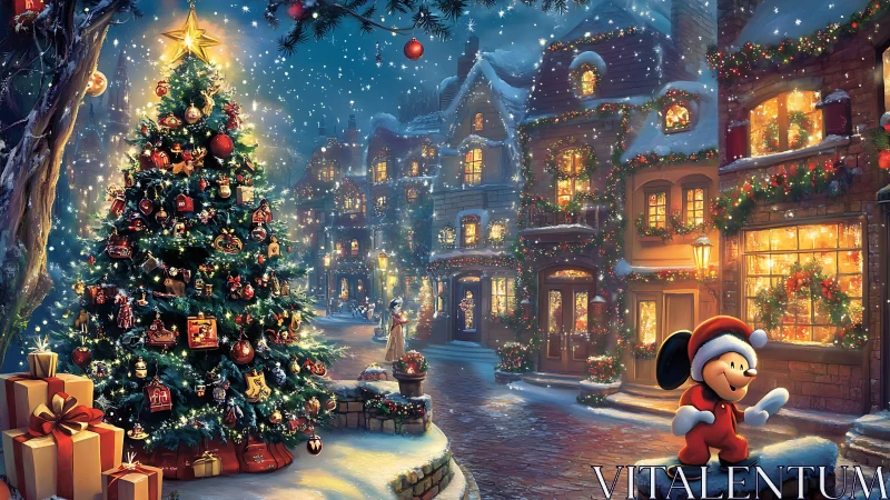 Snowlit holiday street with decorated tree and cartoon figure.