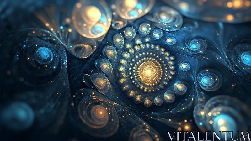 Spiraling cosmic fractal glows with blue and golden light.