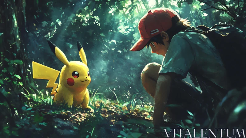 Gentle forest moment shows boy and Pikachu sharing quiet wonder