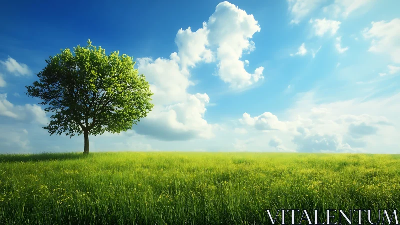 Lone tree on green meadow under bright blue sky, realistic style.