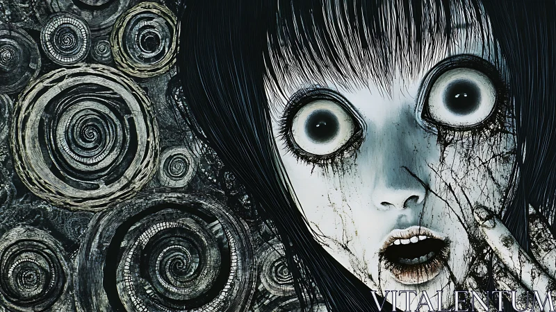 Horror anime girl with spiraling void eyes and cracked skin.