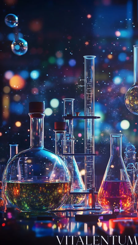 Chromatic laboratory glassware under neon bokeh lighting.