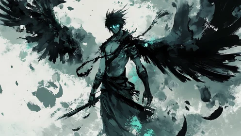 Shadowed winged swordsman with cyan energy and torn feathers