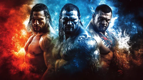 Epic trio of powerful fighters in blazing blue and orange light.