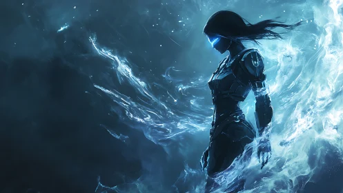 Armored humanoid figure stands amid luminous flowing energy