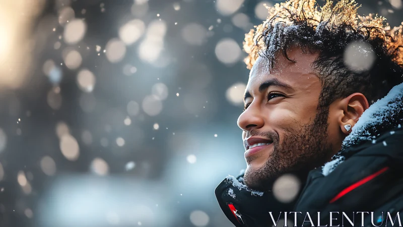 Winter portrait of smiling man in snowfall with shallow bokeh.