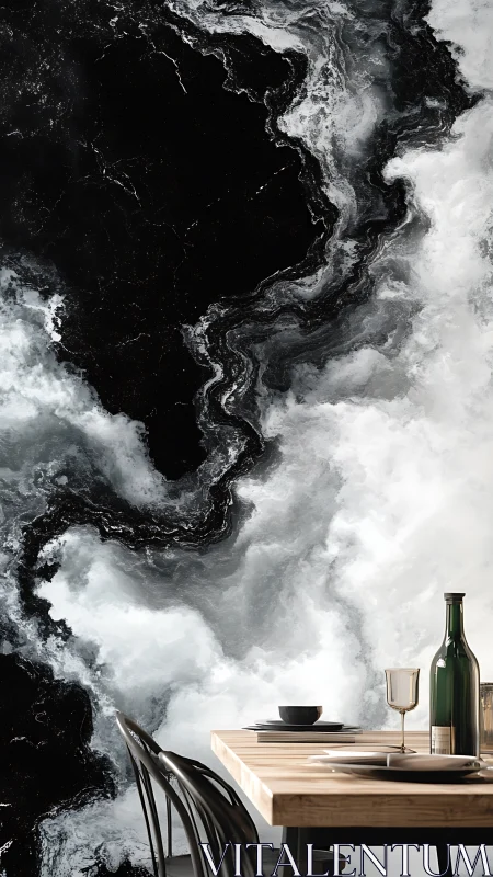 Celestial marble storm frames a serene modern dining table.