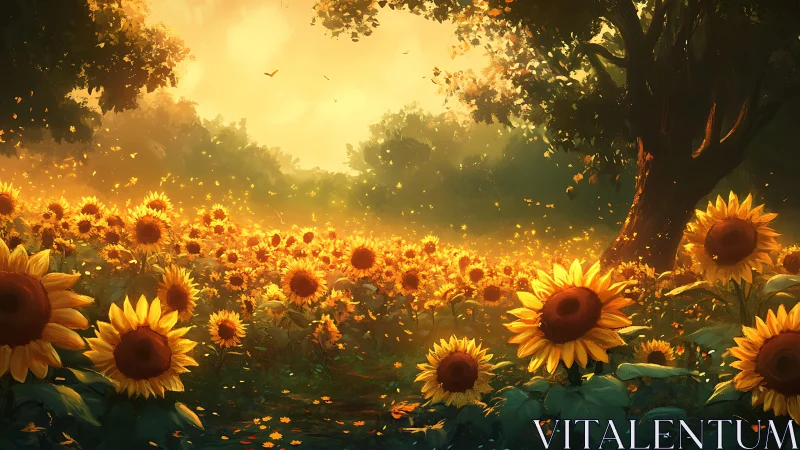 Sunlit sunflower field renders atmospheric golden-hour depth