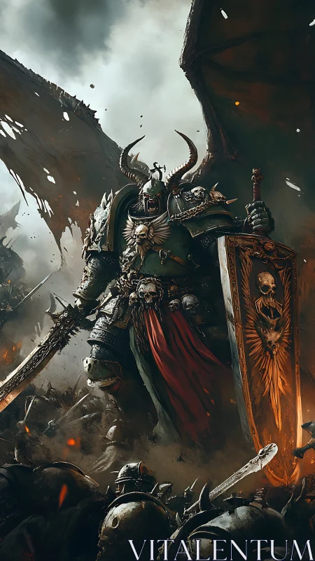 Winged warlord in baroque armor dominating infernal battlefield.