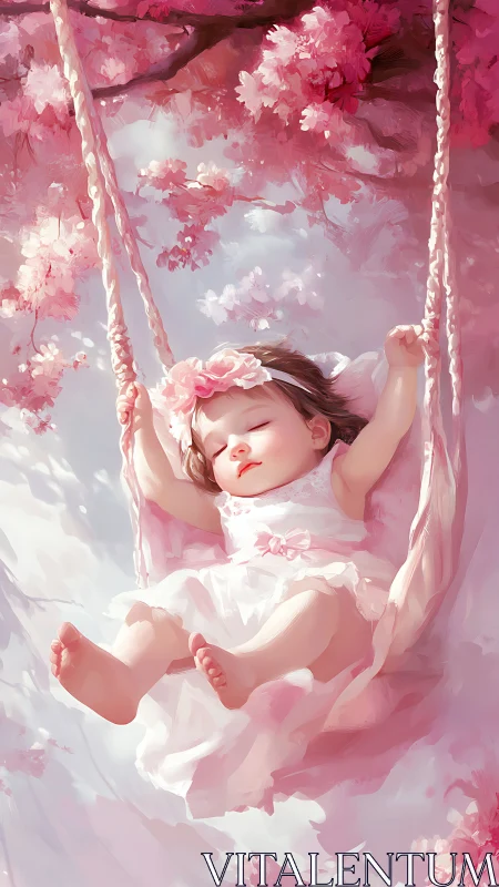Child on swing amid pink flowering environment.